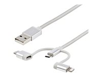 StarTech.com USB Multi Charging Cable - 3.3 ft / 1m - Lightning / USB-C / Micro-USB - Braided - MFi Certified - USB 2.0 - 3 in 1 Charging (LTCUB1MGR) - USB-kabel - USB (hann) til Micro-USB type B, Lightning, 24 pin USB-C (hann) - 1 m - sølv LTCUB1MGR